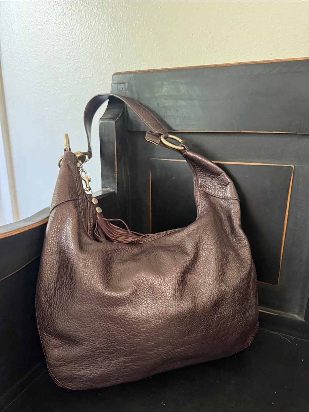 HOBO Deep Brown Leather Hobo with Tassel Detail - Picture 1 of 7